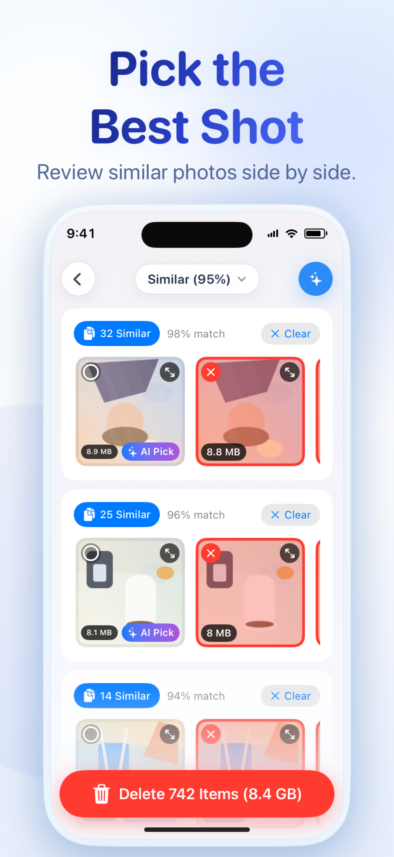 Wizzy App Store screenshot showing similar-photo review with an AI pick and a delete action for duplicate shots.